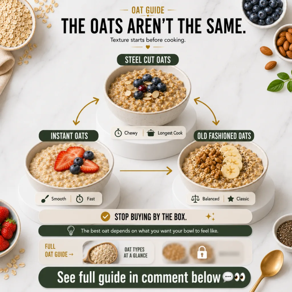 An infographic comparing steel cut old fashioned and instant oats showing their appearance cook time and ideal uses Each