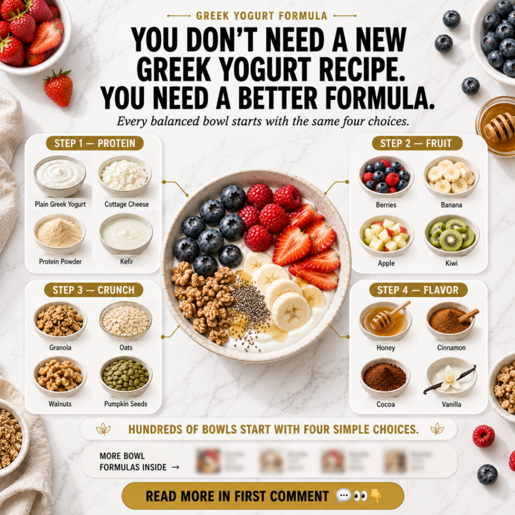 An infographic showing the Greek Yogurt Formula with four steps Protein Fruit Crunch and Flavor each with ingredient opt