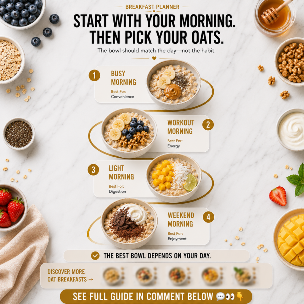 An infographic showing four distinct oatmeal bowls for different morning types Busy Workout Light Weekend surrounded by 