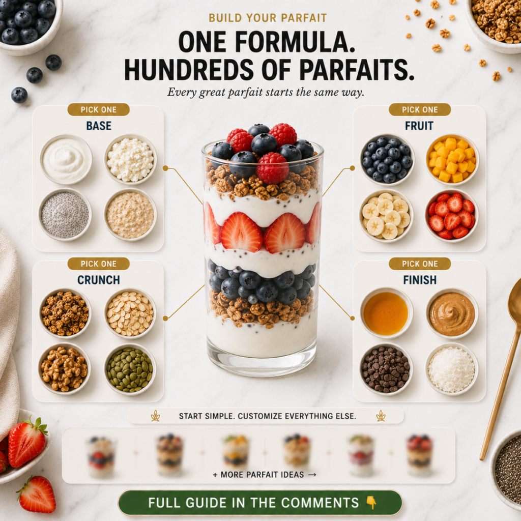 An infographic showing how to build a customizable parfait with sections for base fruit crunch and finish ingredients al