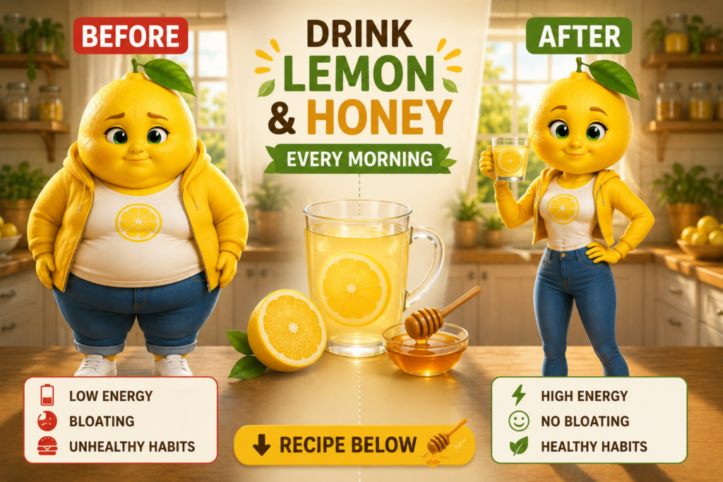 A before and after comparison featuring cheerful anthropomorphic lemon characters illustrating the benefits of drinking 