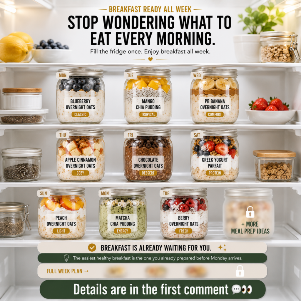An open brightly lit refrigerator filled with clear glass jars containing various pre-prepped healthy breakfast meals la