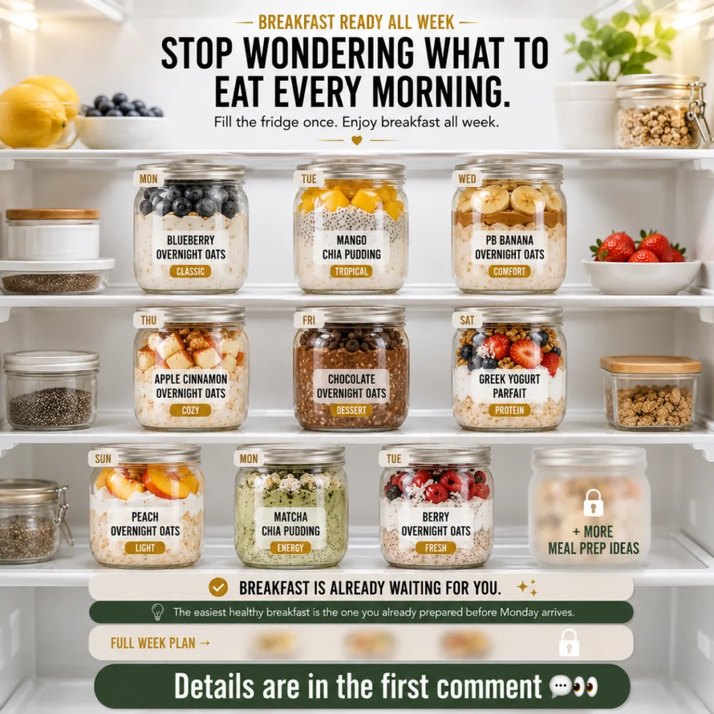 An open brightly lit refrigerator filled with clear glass jars containing various pre-prepped healthy breakfast meals la
