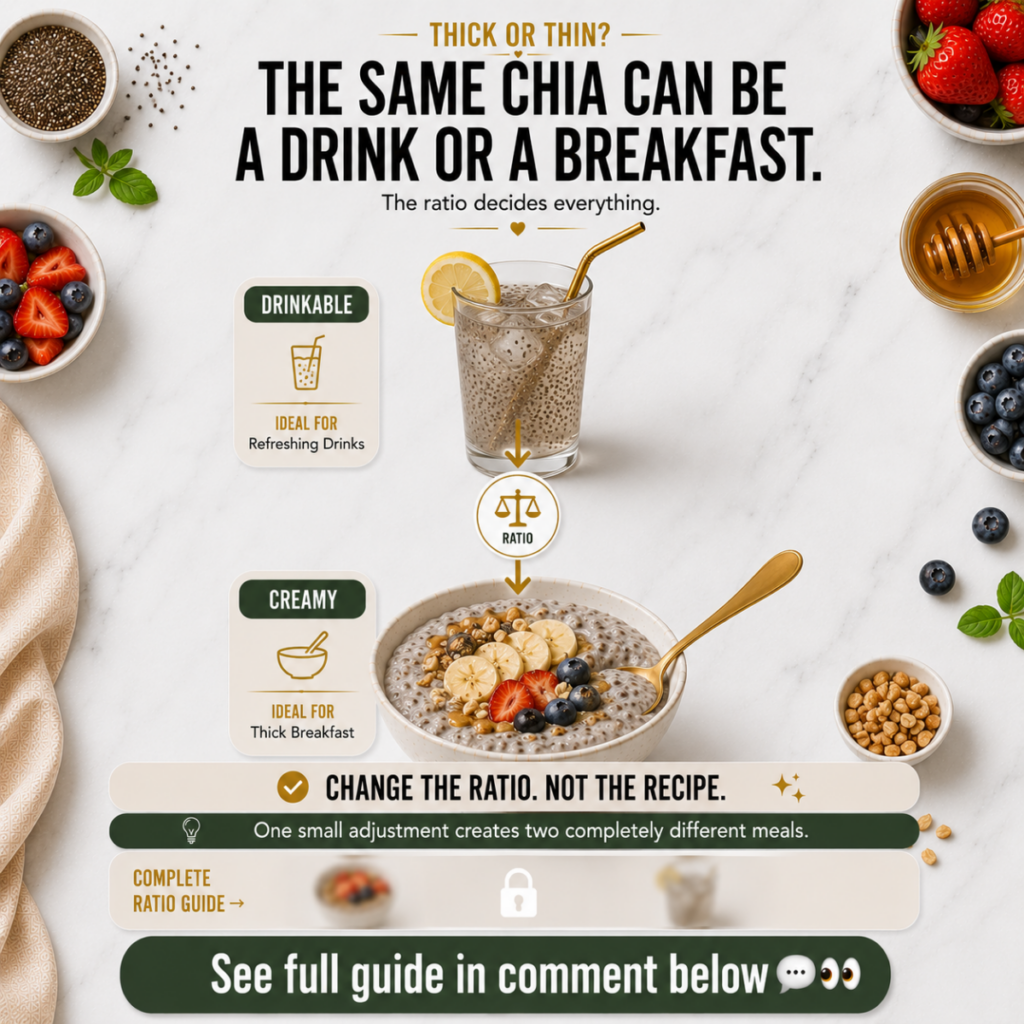 An overhead shot of an infographic detailing chia seed preparations a drinkable chia beverage with lemon and mint and a 