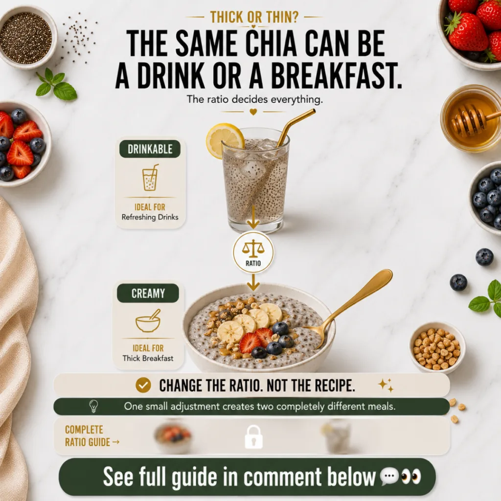 An overhead shot of an infographic detailing chia seed preparations a drinkable chia beverage with lemon and mint and a 