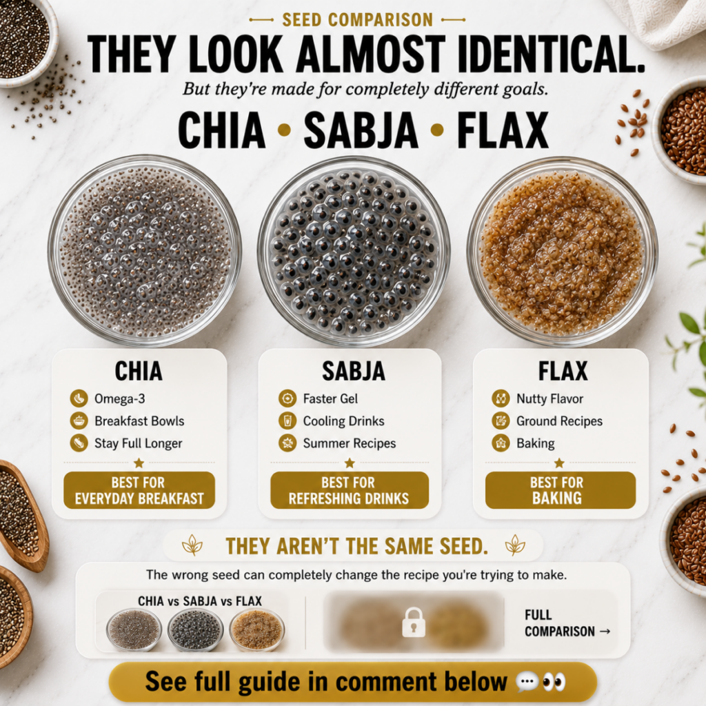 An infographic comparing hydrated chia sabja and flax seeds in separate bowls highlighting their distinct uses and benef