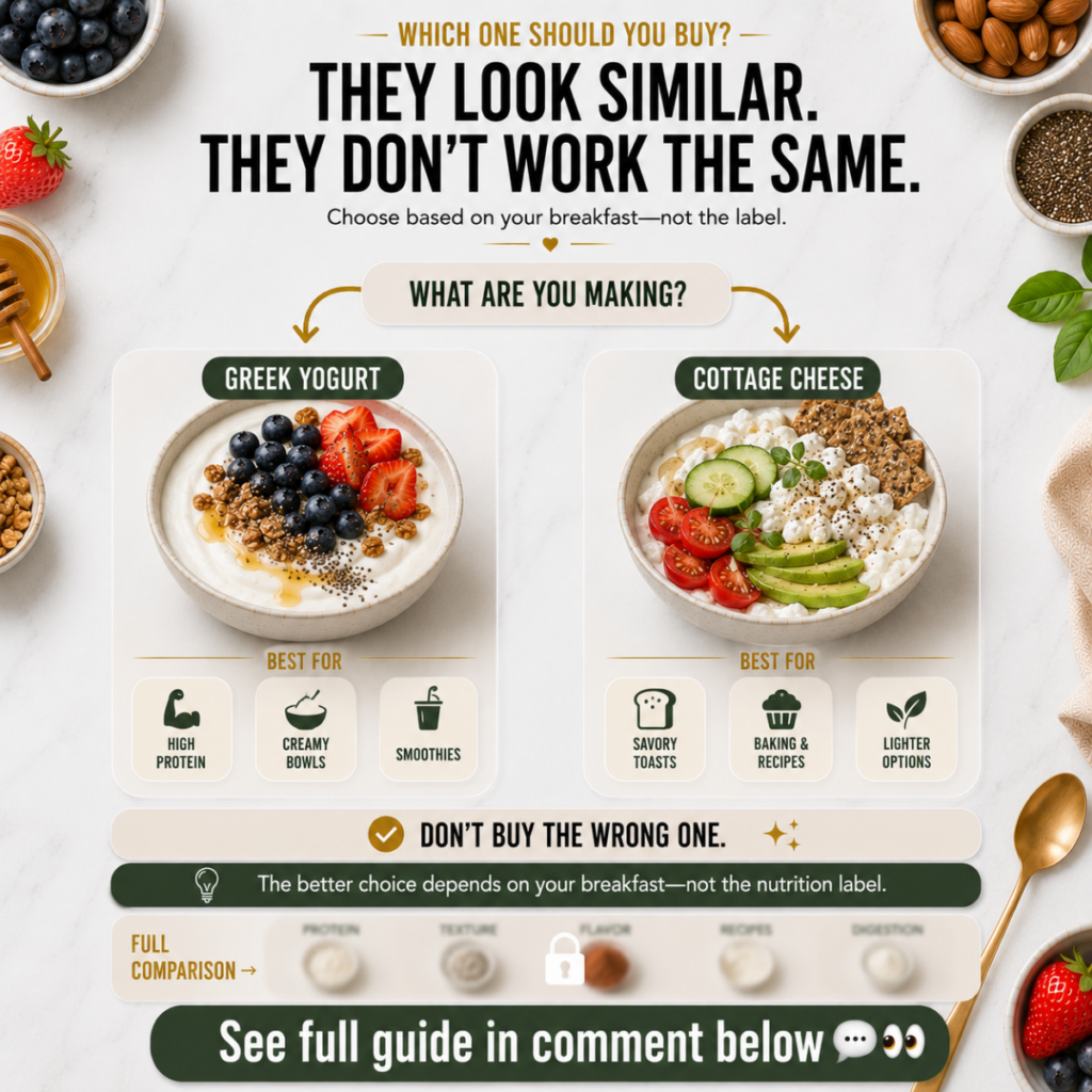 An infographic comparing Greek yogurt and cottage cheese showing bowls of each with different toppings sweet for yogurt 