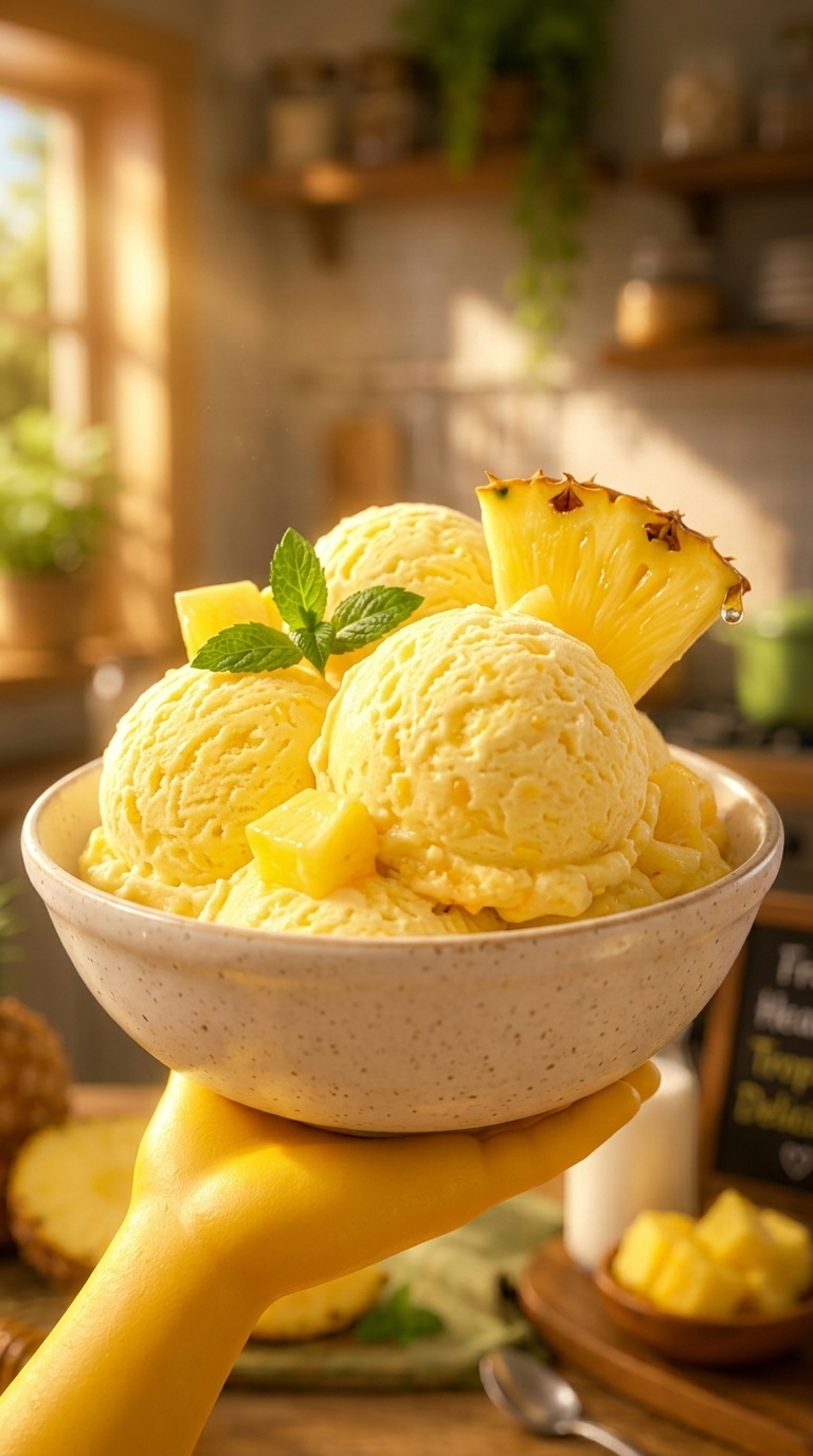 Three scoops of vibrant yellow pineapple ice cream in a speckled bowl garnished with fresh mint leaves diced pineapple a