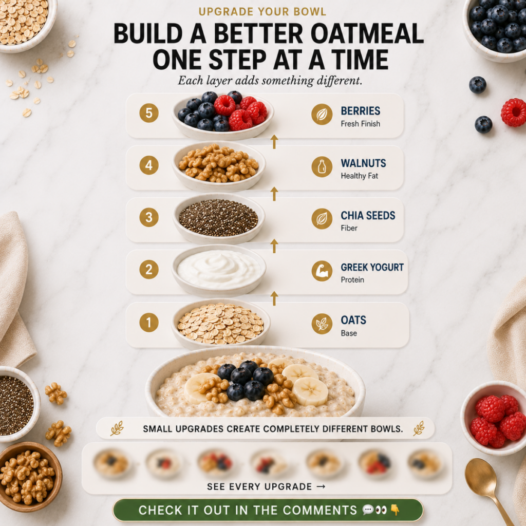 A top-down flat lay infographic showing 5 layers of oatmeal upgrades with a finished bowl of upgraded oatmeal and indivi