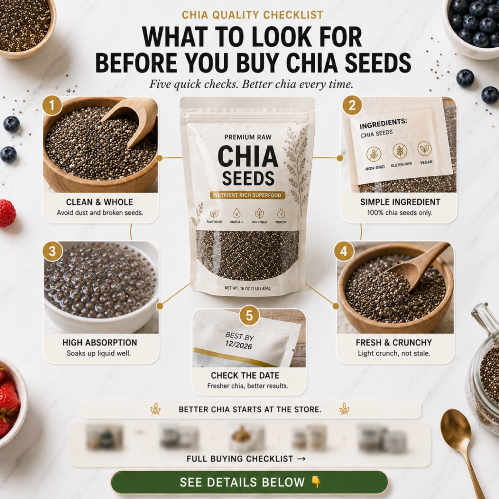 Infographic illustrating the chia quality checklist with premium chia seeds fresh berries and wooden bowls