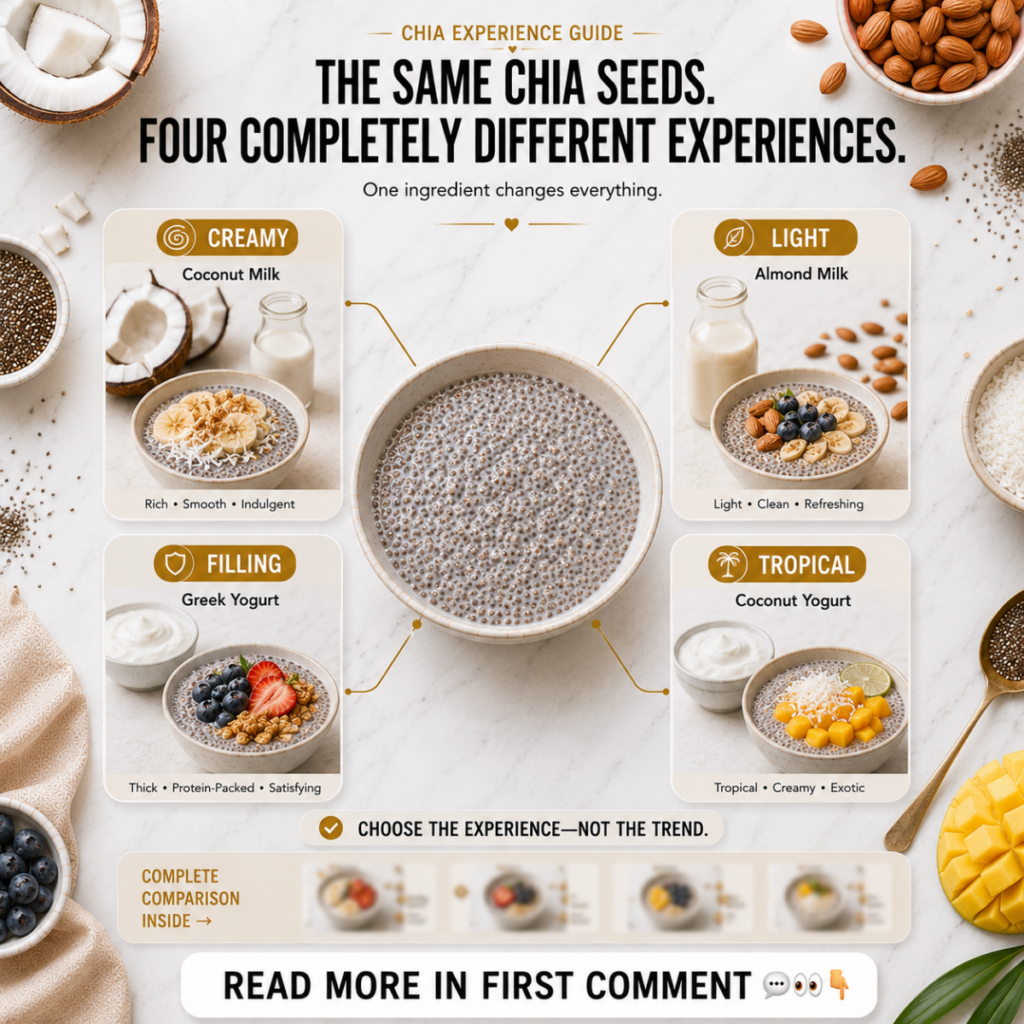 A flat lay showing a central bowl of plain chia seeds radiating golden lines to four distinct chia pudding variations ea