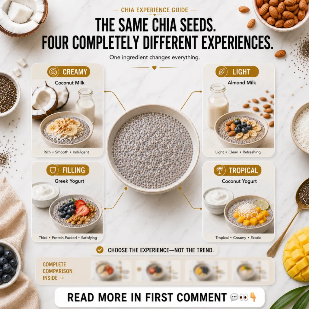 A flat lay showing a central bowl of plain chia seeds radiating golden lines to four distinct chia pudding variations ea