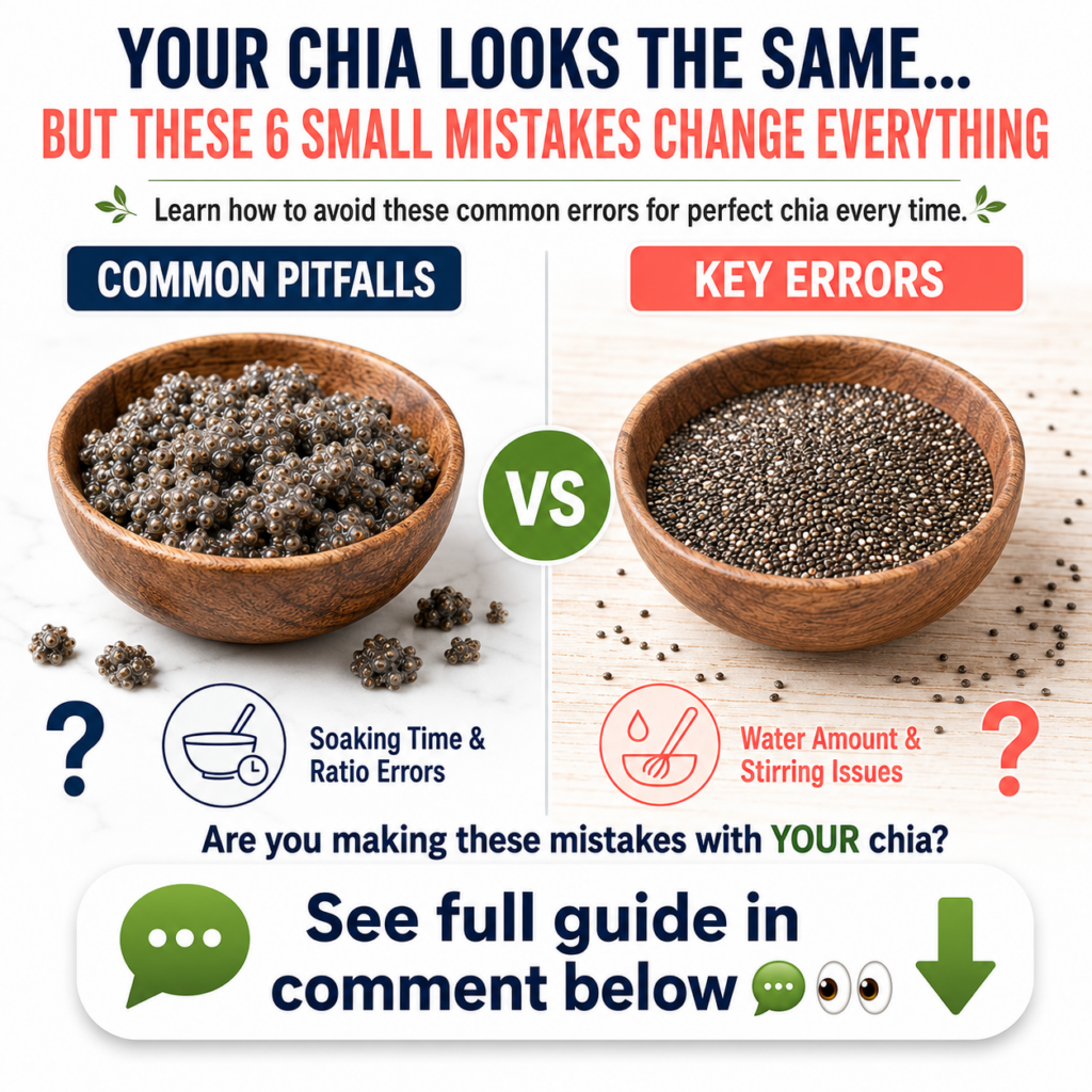 An infographic comparing poorly prepared clumped chia seeds with dry individual chia seeds highlighting common preparati