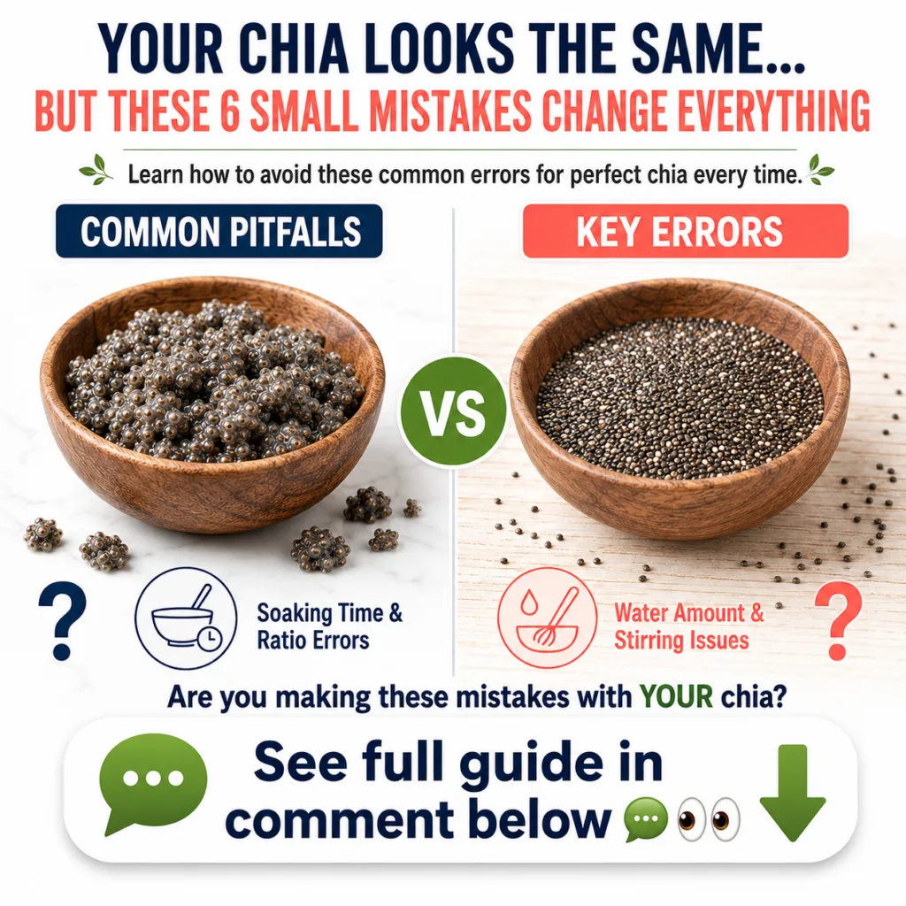 An infographic comparing poorly prepared clumped chia seeds with dry individual chia seeds highlighting common preparati