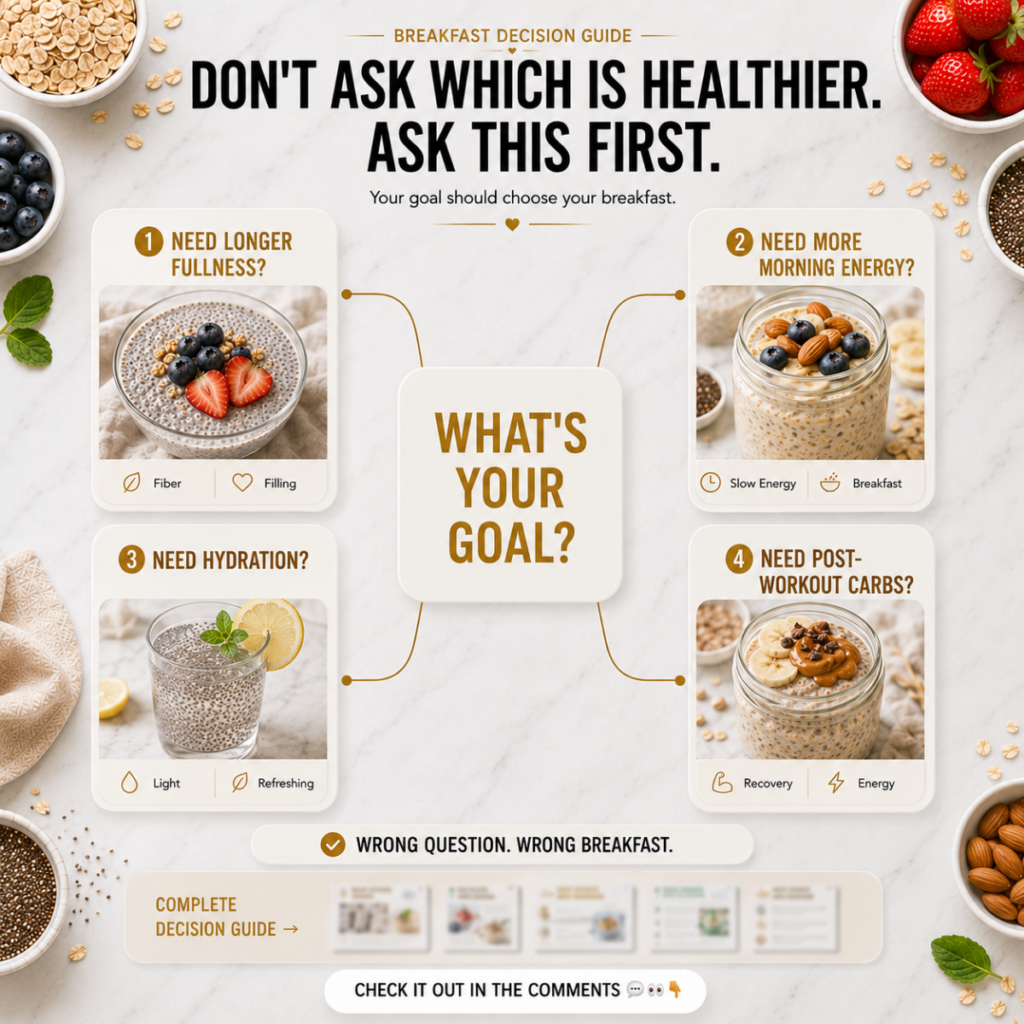 A visually appealing Breakfast Decision Guide infographic with a central WHAT S YOUR GOAL question branching out to four