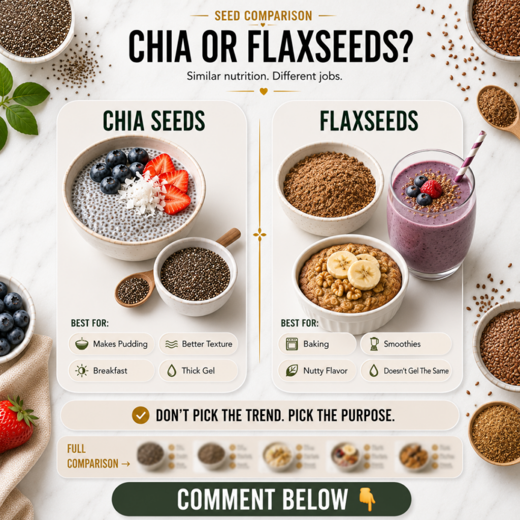Infographic comparing chia seeds and flaxseeds showing chia pudding with berries and flaxseeds in a smoothie baked good
