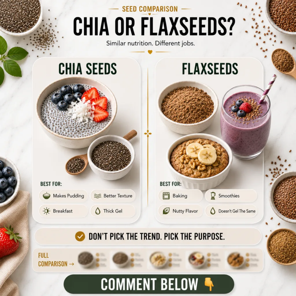 Infographic comparing chia seeds and flaxseeds showing chia pudding with berries and flaxseeds in a smoothie baked good