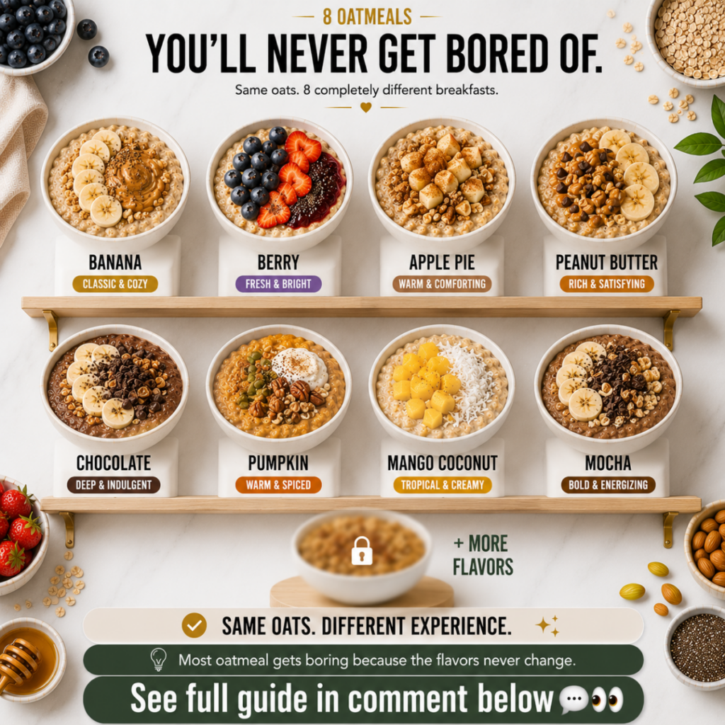 Eight vibrant oatmeal bowls with diverse toppings arranged on wooden shelves against a white marble background with scat