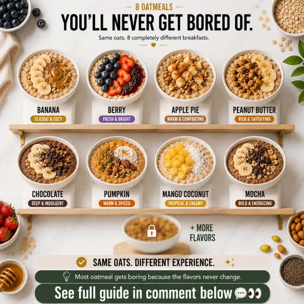 Eight vibrant oatmeal bowls with diverse toppings arranged on wooden shelves against a white marble background with scat