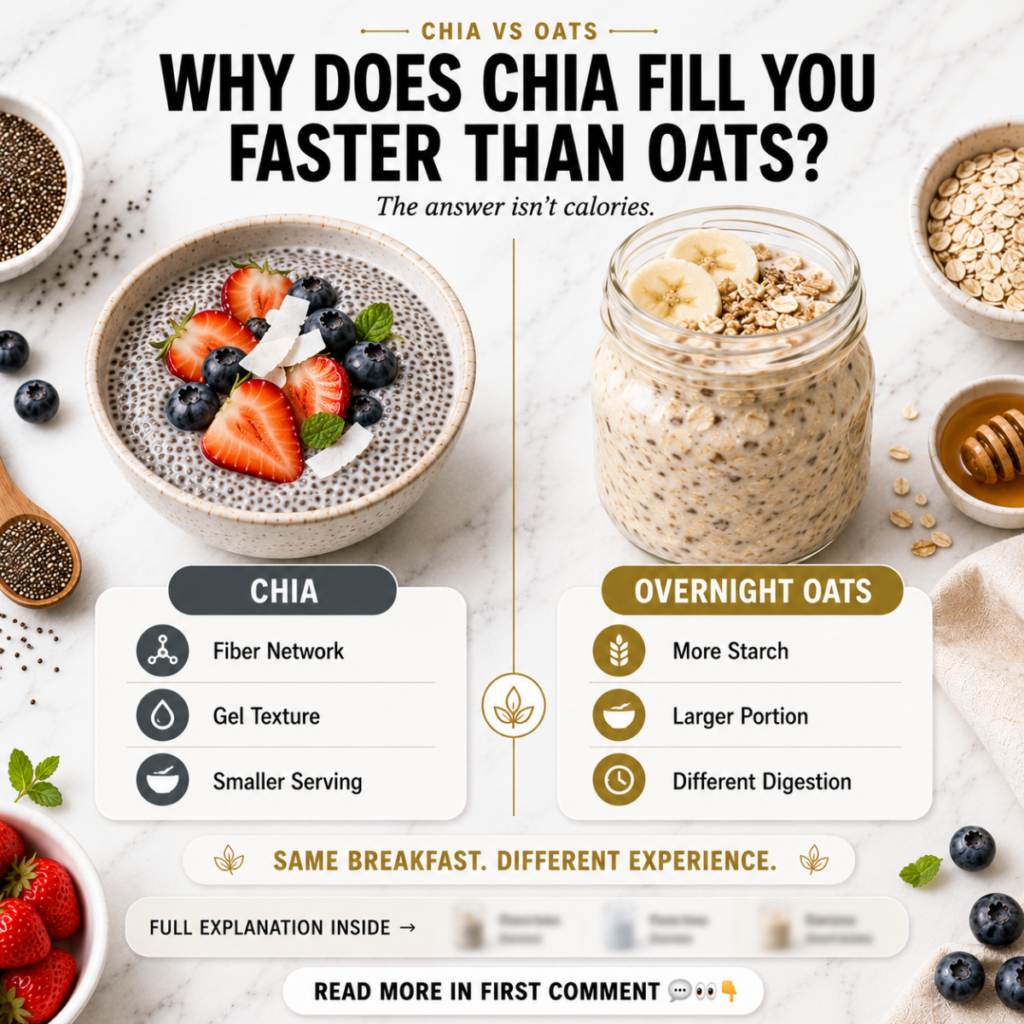 An infographic comparing Chia Pudding and Overnight Oats highlighting why chia fills you faster It shows a bowl of chia 