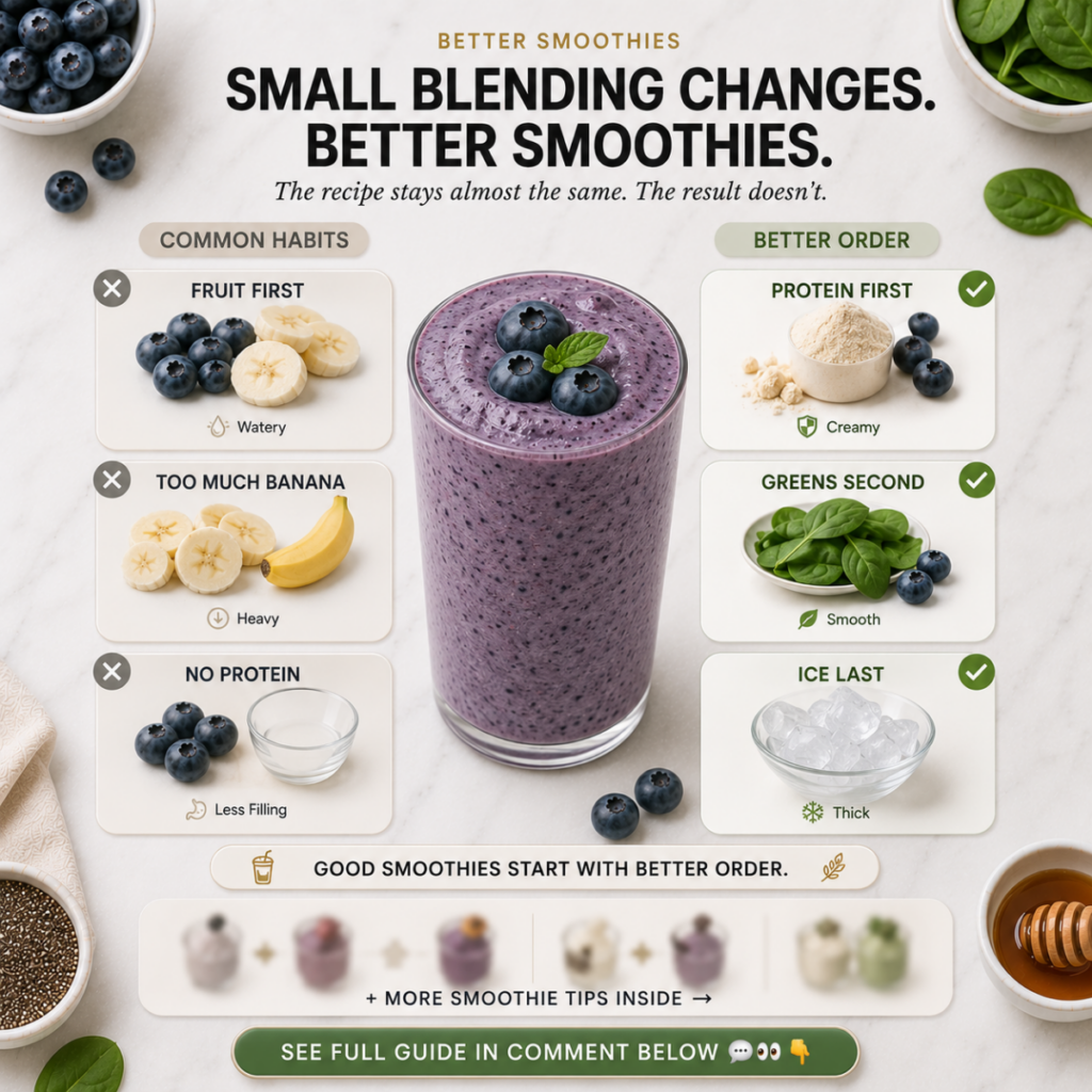 Infographic showing Common Habits vs Better Order for making smoothies featuring a purple blueberry smoothie and ingredi