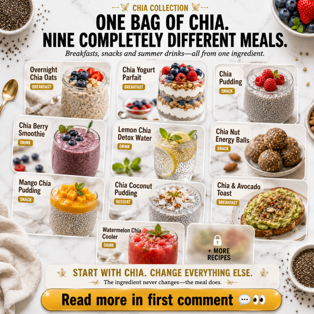 Infographic showcasing ten different meals made from chia seeds categorized into breakfasts snacks summer drinks and des