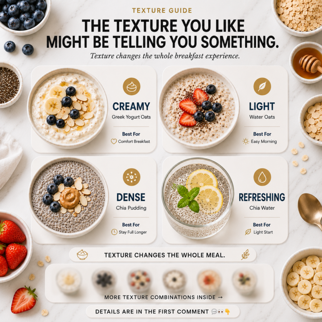 An infographic titled TEXTURE GUIDE showcasing four distinct breakfast preparations categorized by texture Creamy Light 