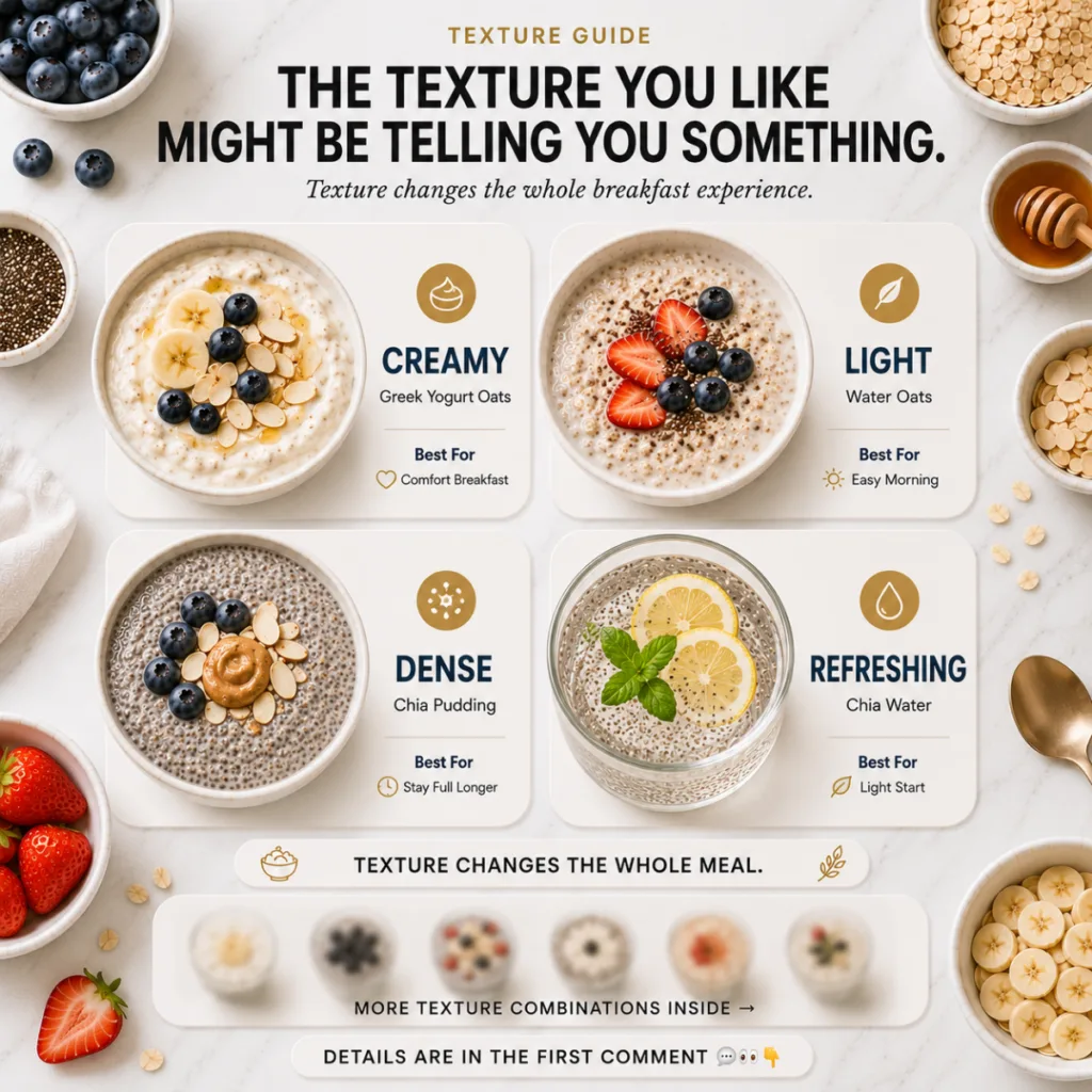 An infographic titled TEXTURE GUIDE showcasing four distinct breakfast preparations categorized by texture Creamy Light 