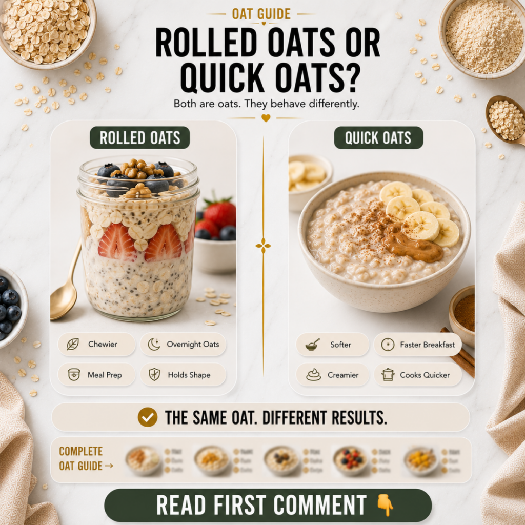 Infographic titled OAT GUIDE ROLLED OATS OR QUICK OATS comparing both types with bowls of oats overnight oats and cooked