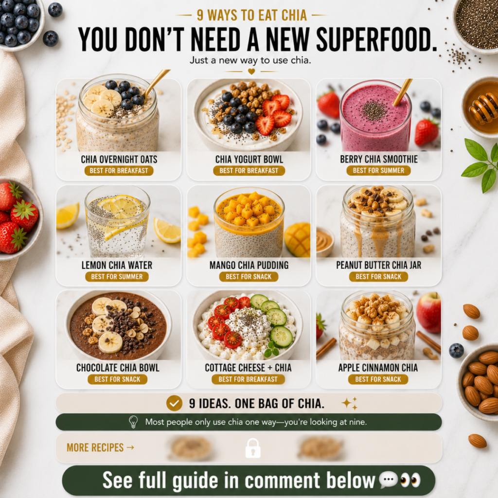 A vibrant overhead flat lay showing a 3x3 grid of nine different chia seed dishes surrounded by fresh fruits nuts and na