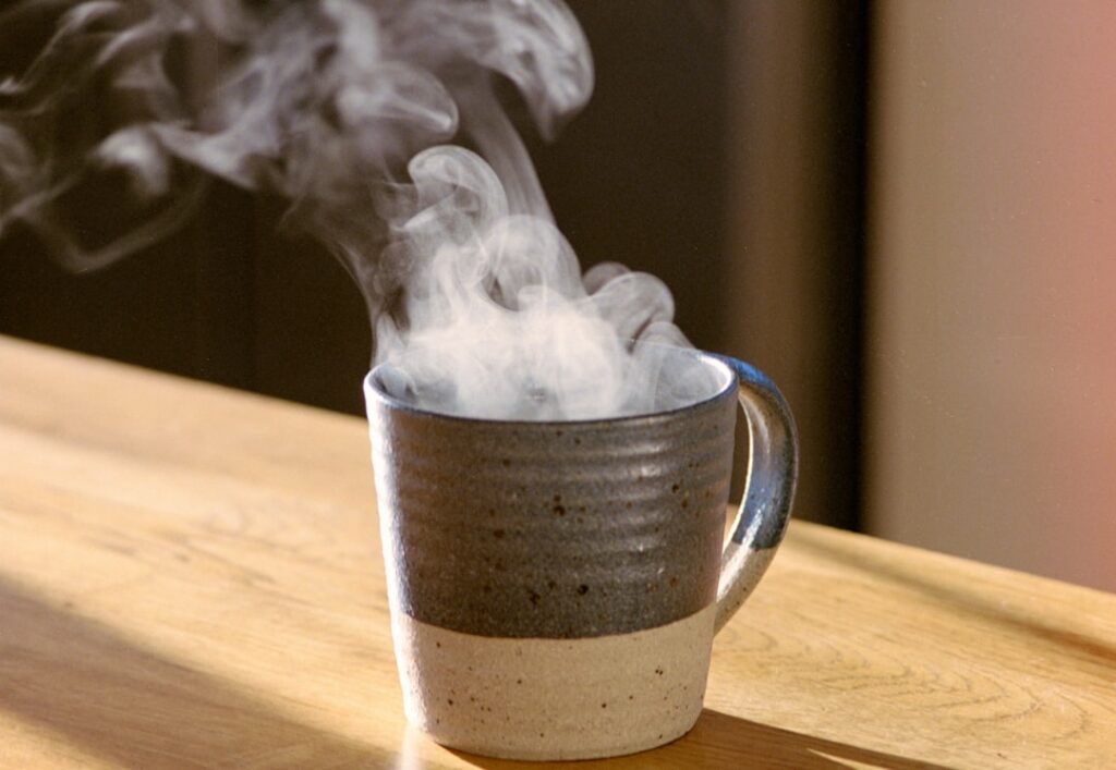 A warm amber-colored herbal tonic in a clear glass mug with steam gently rising placed on a simple wooden surface