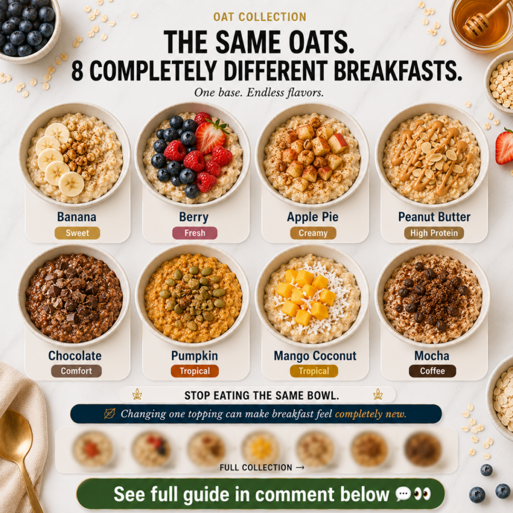 Eight distinct bowls of oatmeal each with different toppings arranged in an overhead flat lay on a white marble surface 