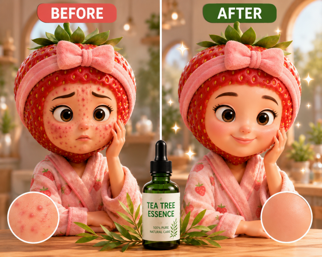 Before and after comparison showing a cartoon character with acne before using tea tree essence and clear skin after wit