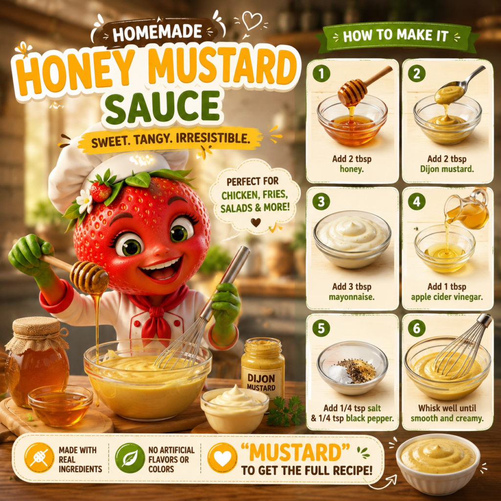 An adorable anthropomorphic strawberry chef cheerfully preparing a vegan maple mustard sauce holding a maple syrup dippe