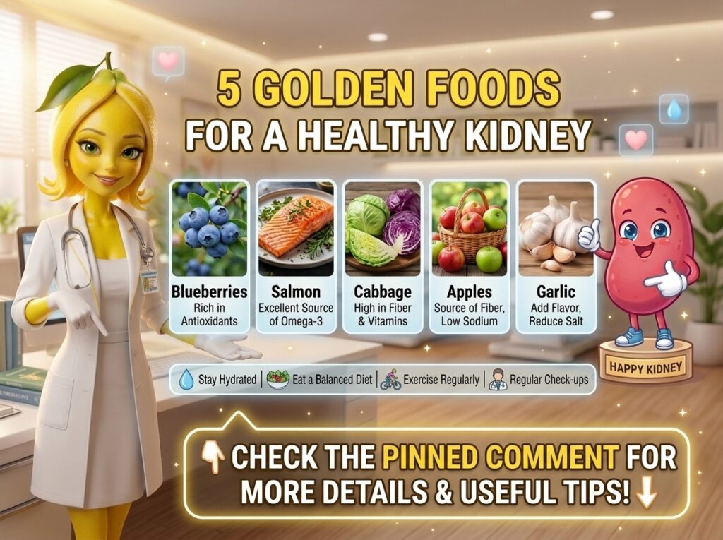 Cartoon infographic titled 5 GOLDEN FOODS FOR A HEALTHY KIDNEY featuring a friendly doctor and a happy kidney mascot wit