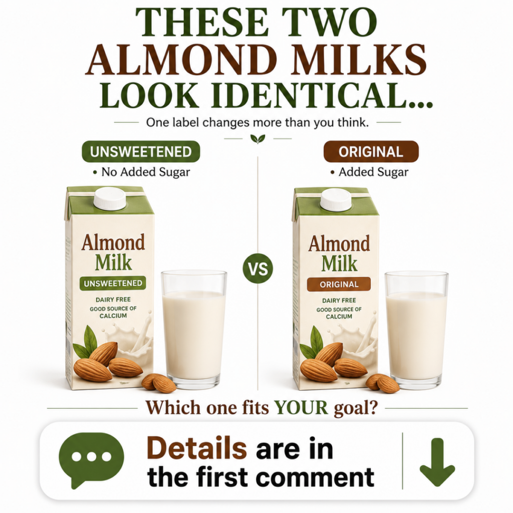 Two cartons of almond milk side-by-side one labeled Unsweetened with green accents and the other Original with brown acc