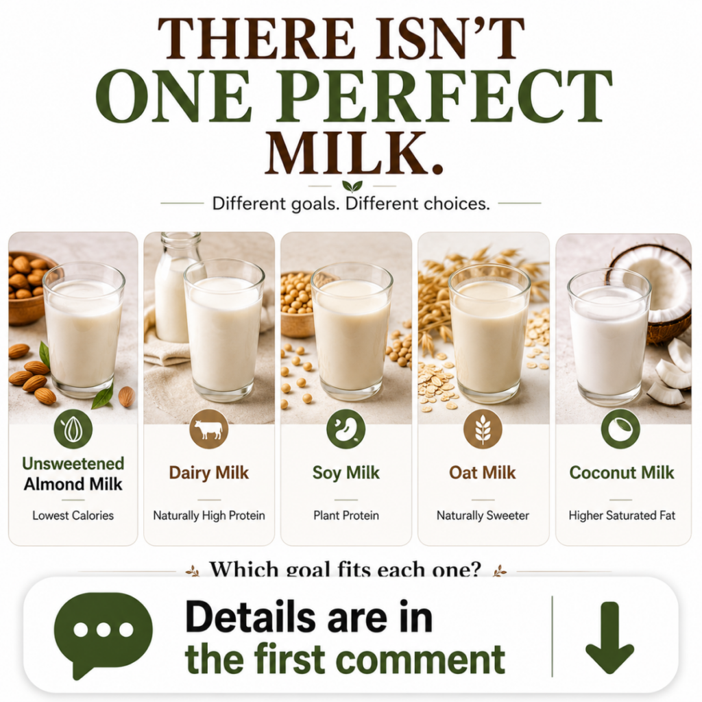 A visual summary comparing different types of milk showing glasses of almond milk dairy milk soy milk oat milk and cocon