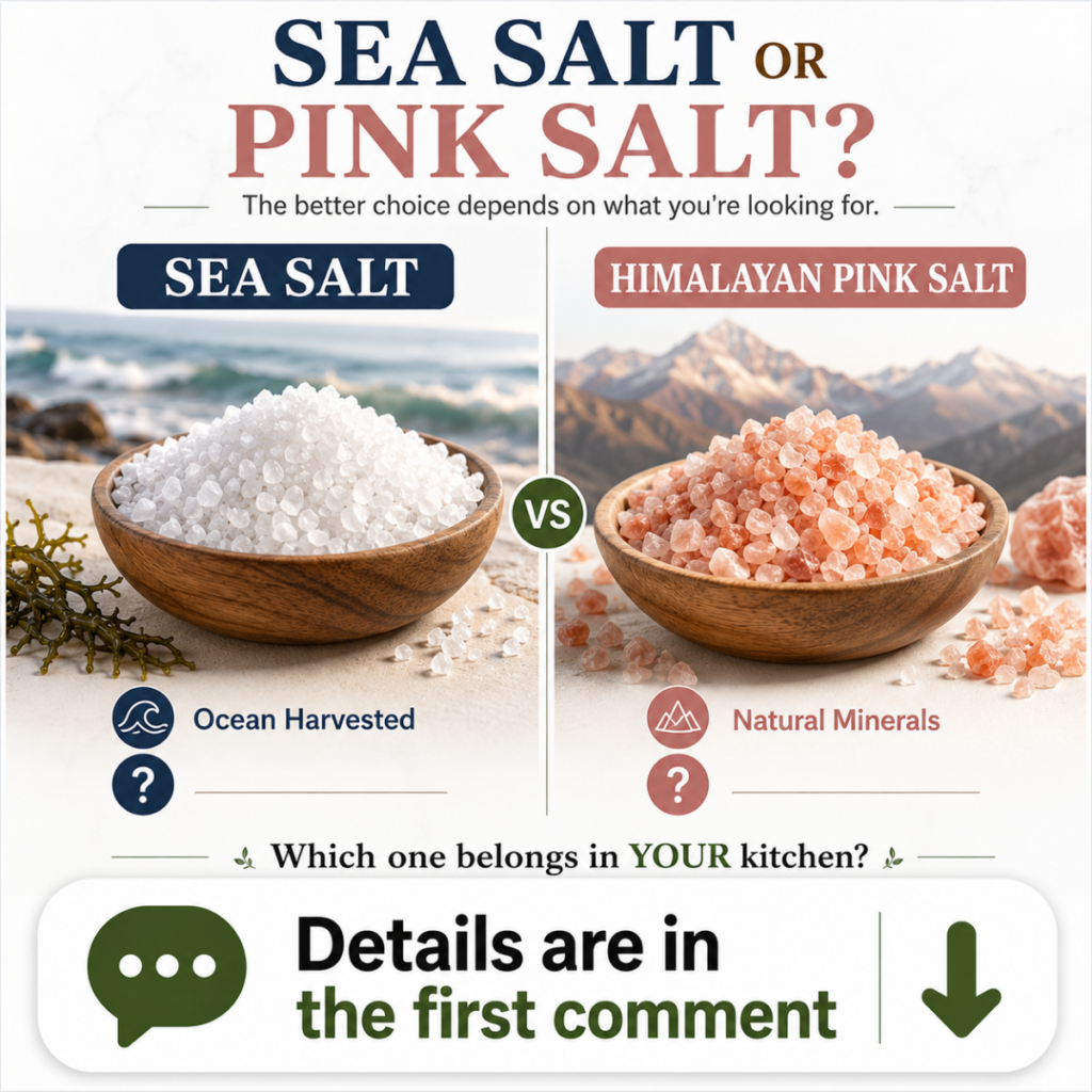 An infographic visually comparing Himalayan Pink Salt and Sea Salt showing their origins and mineral content differences