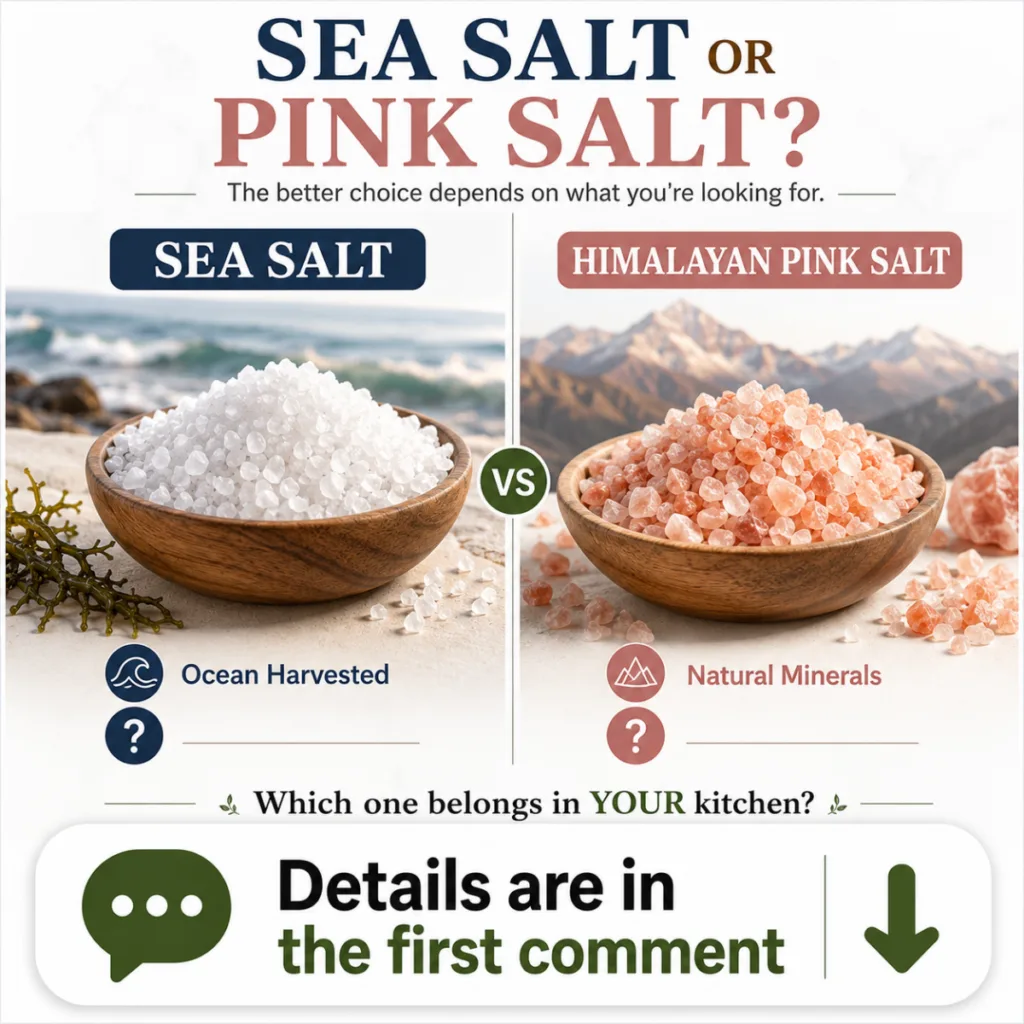An infographic visually comparing Himalayan Pink Salt and Sea Salt showing their origins and mineral content differences
