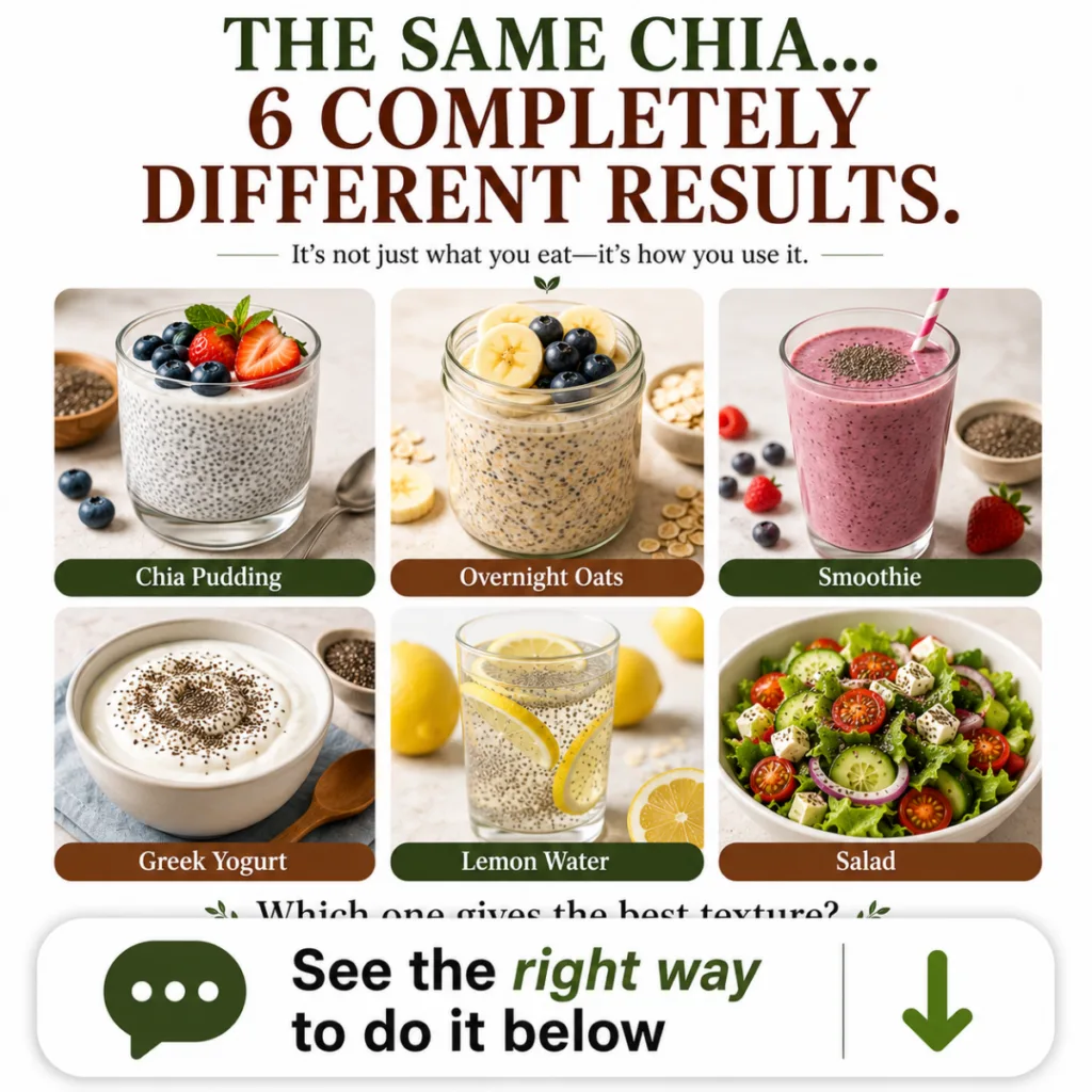 Infographic showing various ways to use chia seeds including pudding overnight oats smoothies yogurt lemon water and sal