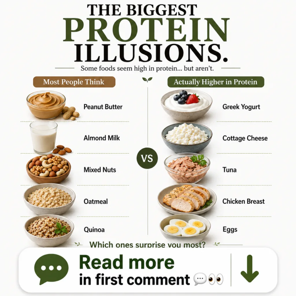 An infographic titled The Biggest Protein Illusions comparing commonly perceived high-protein foods like peanut butter a