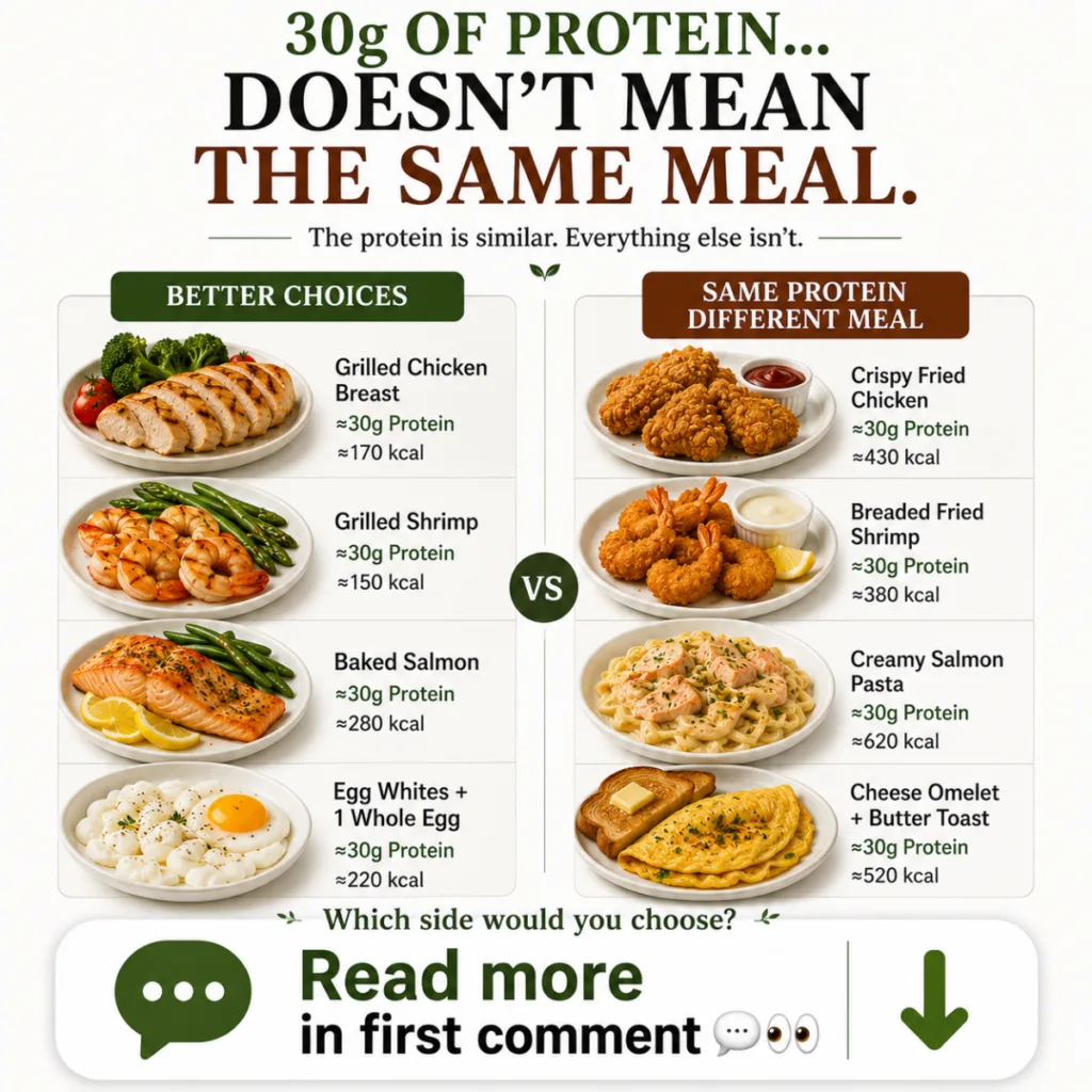 An infographic comparing two columns of meals One column Better Choices shows grilled chicken grilled shrimp baked salmo