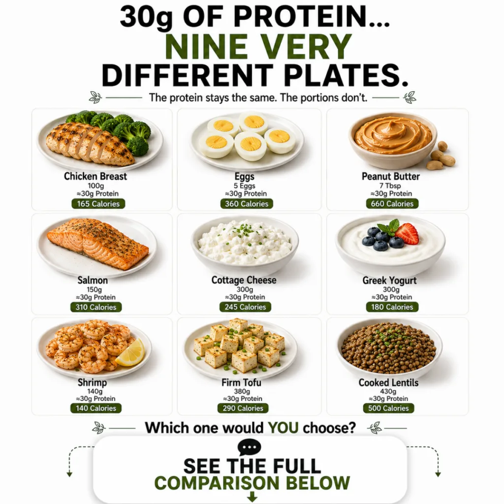An infographic comparing nine different food sources that each provide approximately 30 grams of protein showing varying