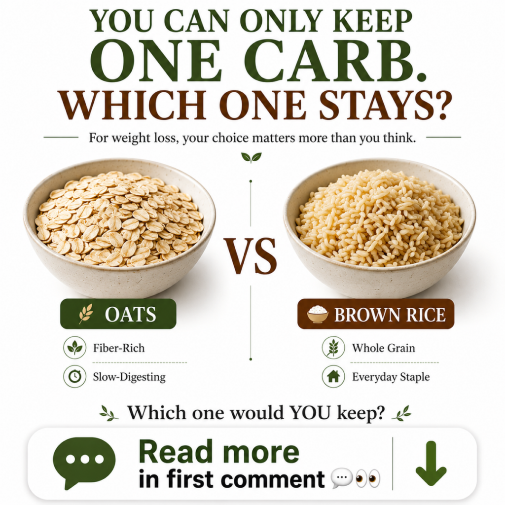 A graphic comparing a bowl of oats and a bowl of brown rice with a VS in between and text highlighting their benefits fo