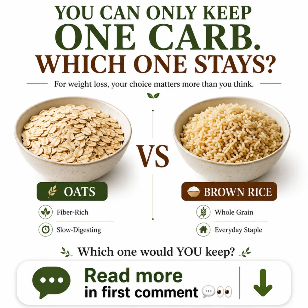 A graphic comparing a bowl of oats and a bowl of brown rice with a VS in between and text highlighting their benefits fo