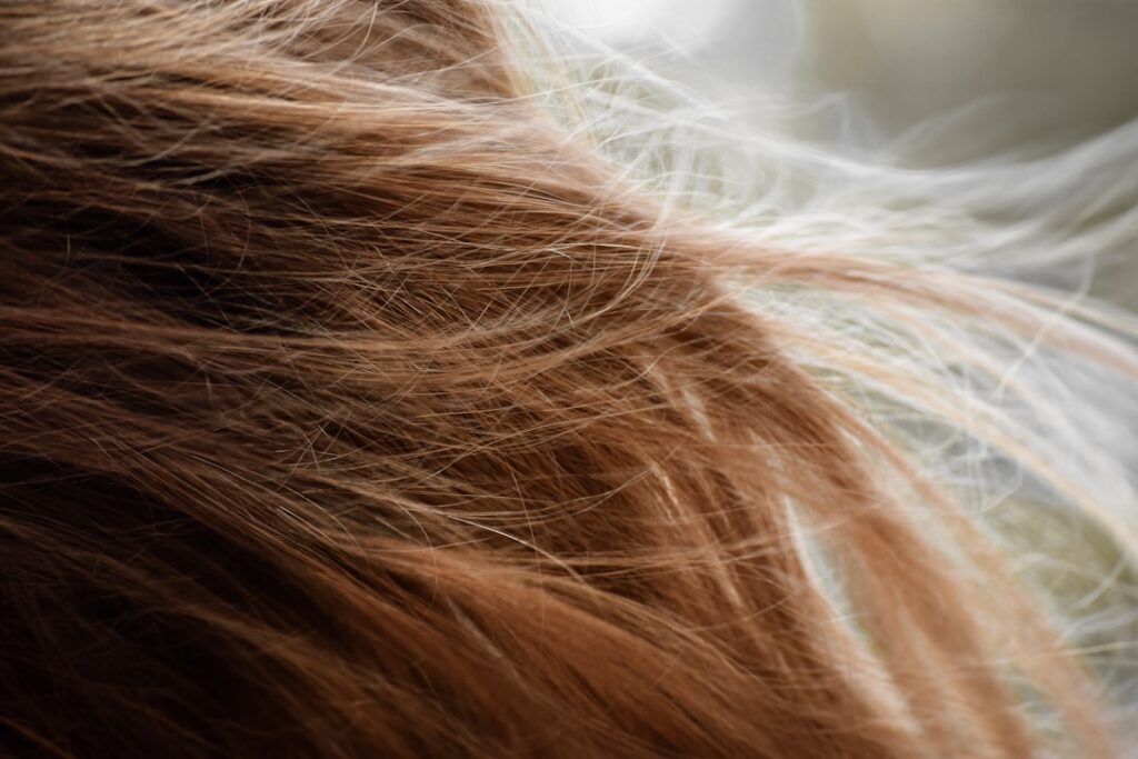 Close-up of healthy shiny hair strands possibly showing improved texture and thickness