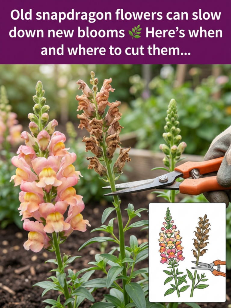 A gloved hand holding pruning shears about to cut a dried brown snapdragon stalk next to a healthy vibrant stalk