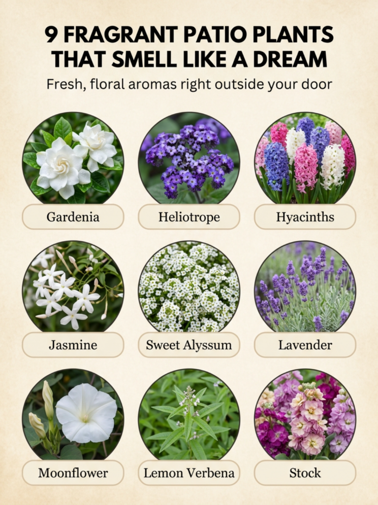 A grid of nine circular photographs each showcasing a different fragrant plant with names labeled below Plants include G