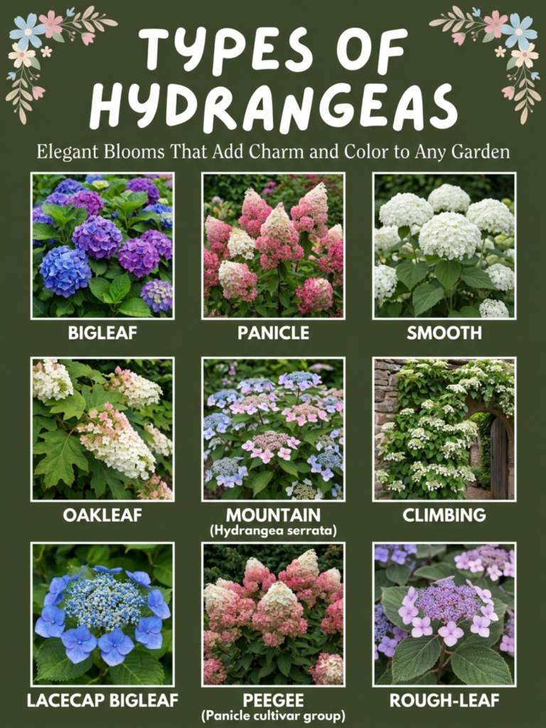 An infographic showing nine different types of hydrangeas with their names and photos of their blooms