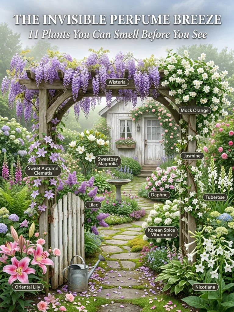 An idyllic cottage garden scene with a white cottage visible through a rustic wooden archway adorned with purple wisteri